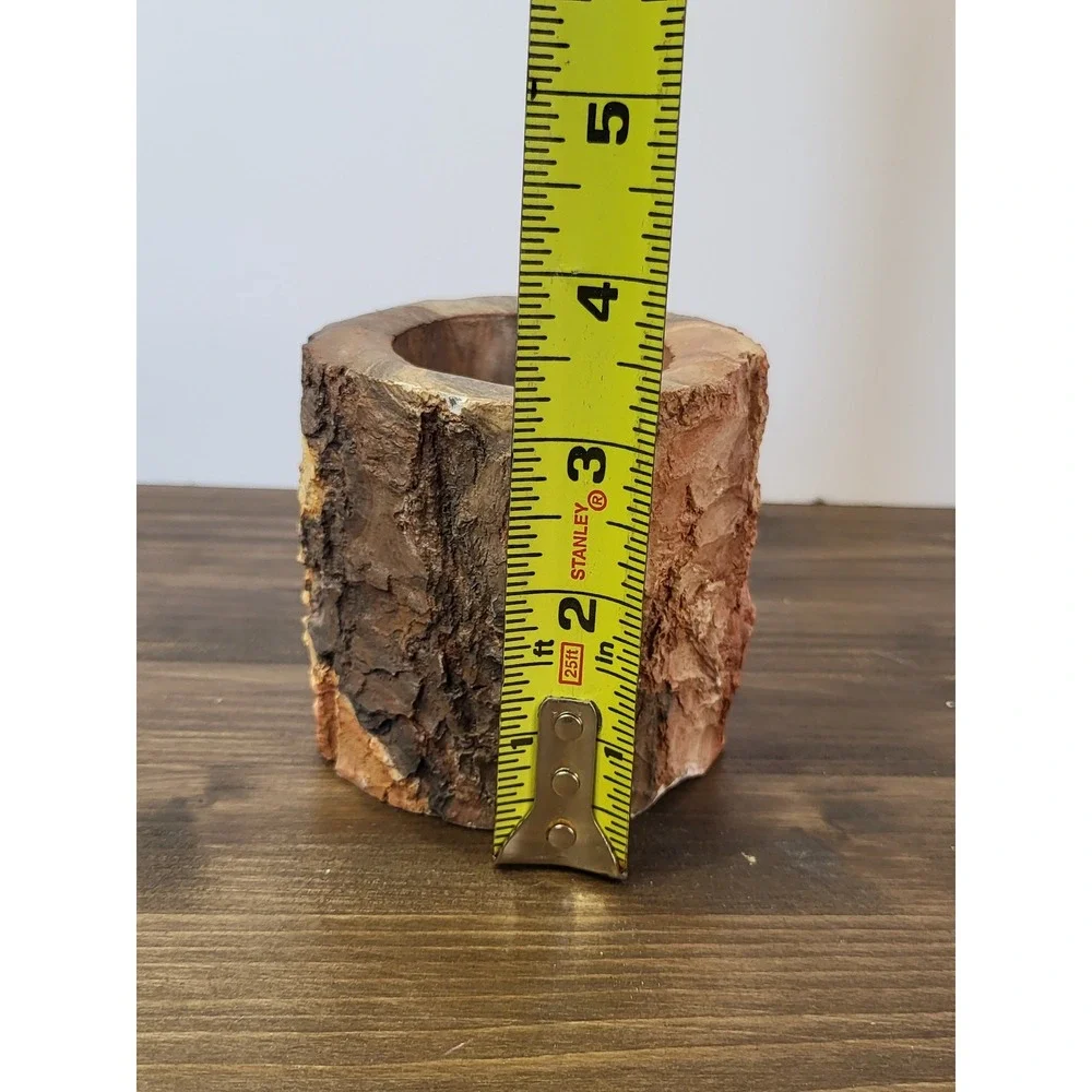 Kim Bird Signed Natural Wood Log Vessel Rustic Bark Pencil Holder Planter 4in